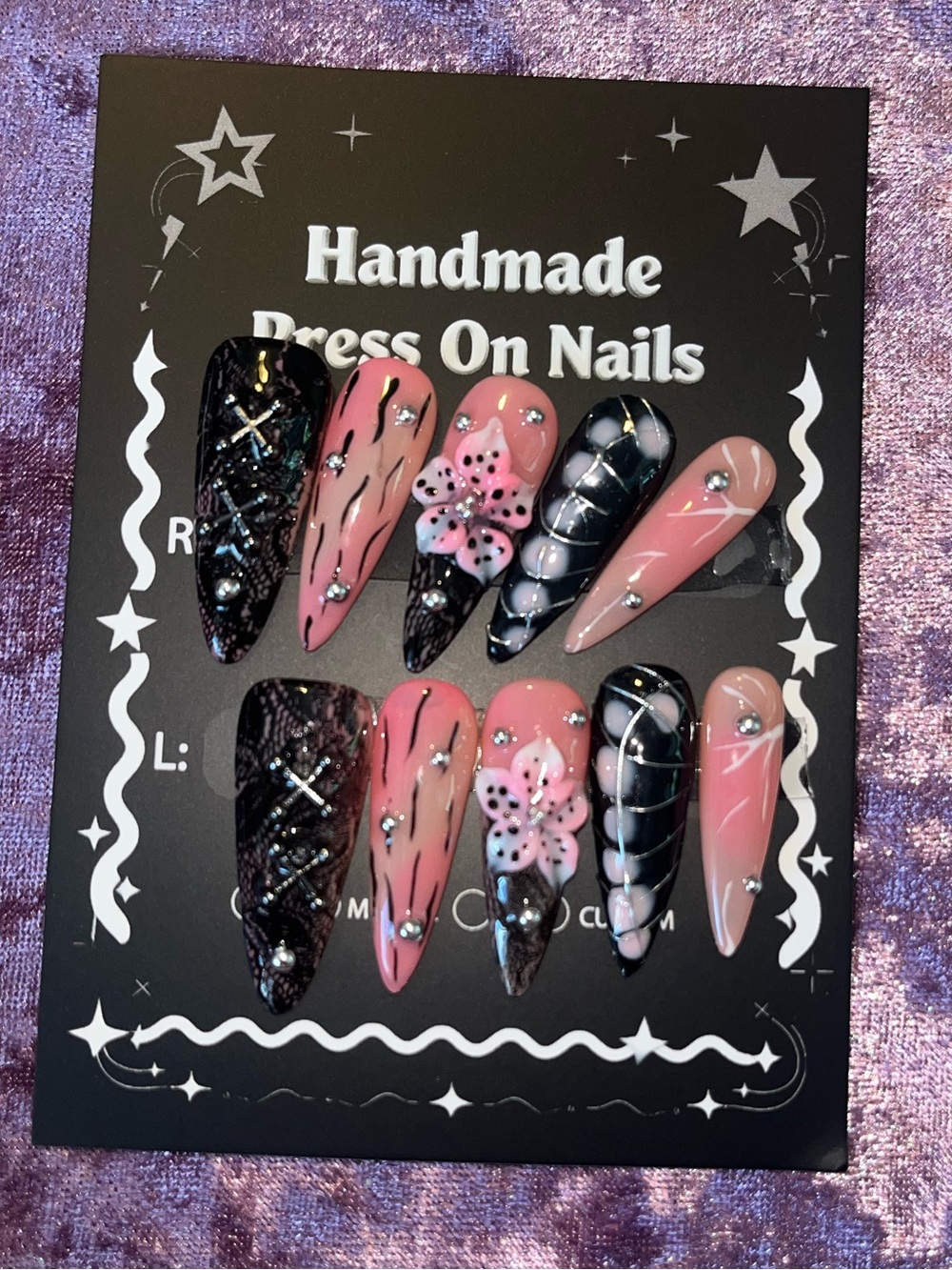 Handmade Press On Nails - Pink and Black Floral Design